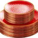 SUT 100Pcs Red Plastic Plates, Hammered Plates Disposable Heavy Duty, Red Disposable Plates With Gold Rim, Fancy Plastic plates Include 50 Dinner Plate and 50 Dessert Plate for Wedding