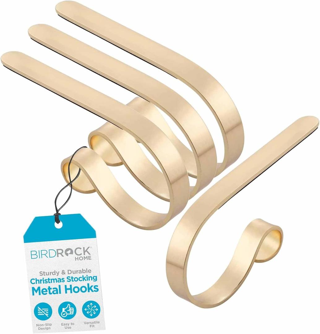 BIRDROCK HOME Christmas Stocking Mantel Hooks - Metal Fireplace Hanger with Non-Slip Pads - Holds Up to 10 lbs - Ideal for Hanging Stockings, Garland & Holiday Decor - 4 Pack, Scroll Design (Gold)