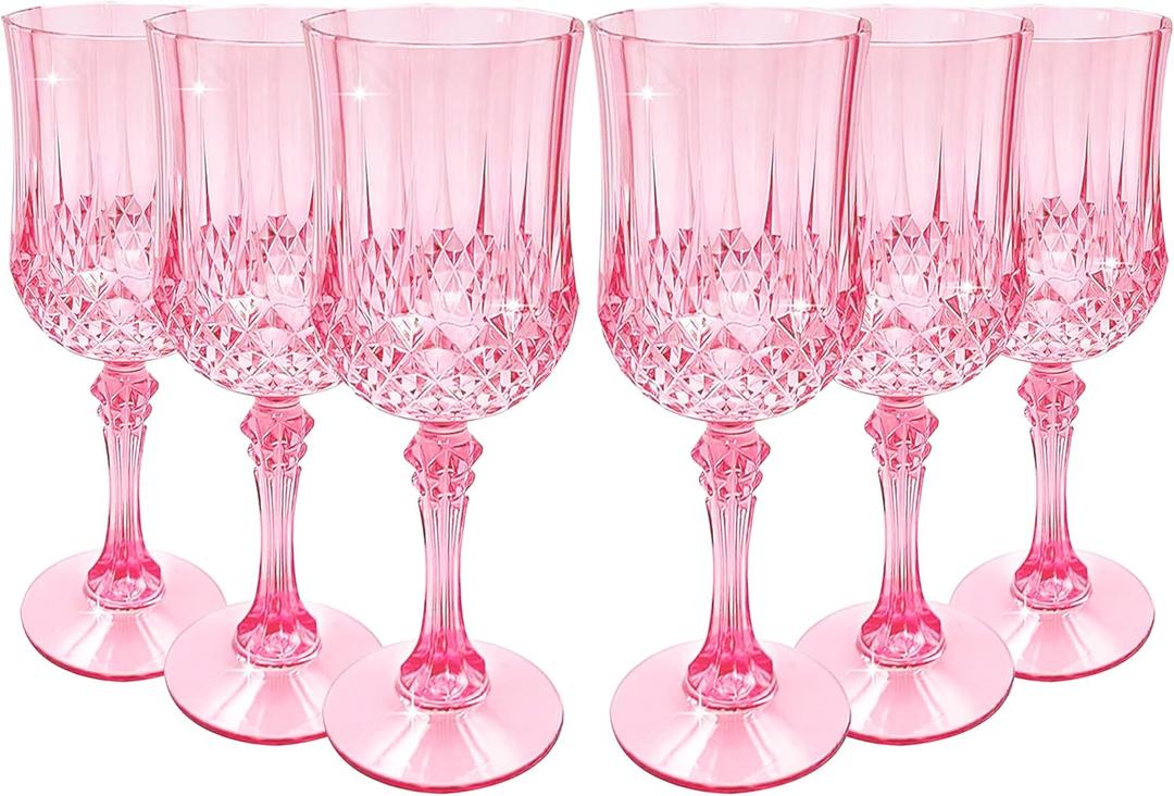 JUSONEY 7oz Vintage Plastic Wine Glasses,Crystal Textured Plastic Goblets,Disposable Wine Glasses for Parties,Weddings,Elegant Events(6-Pink)