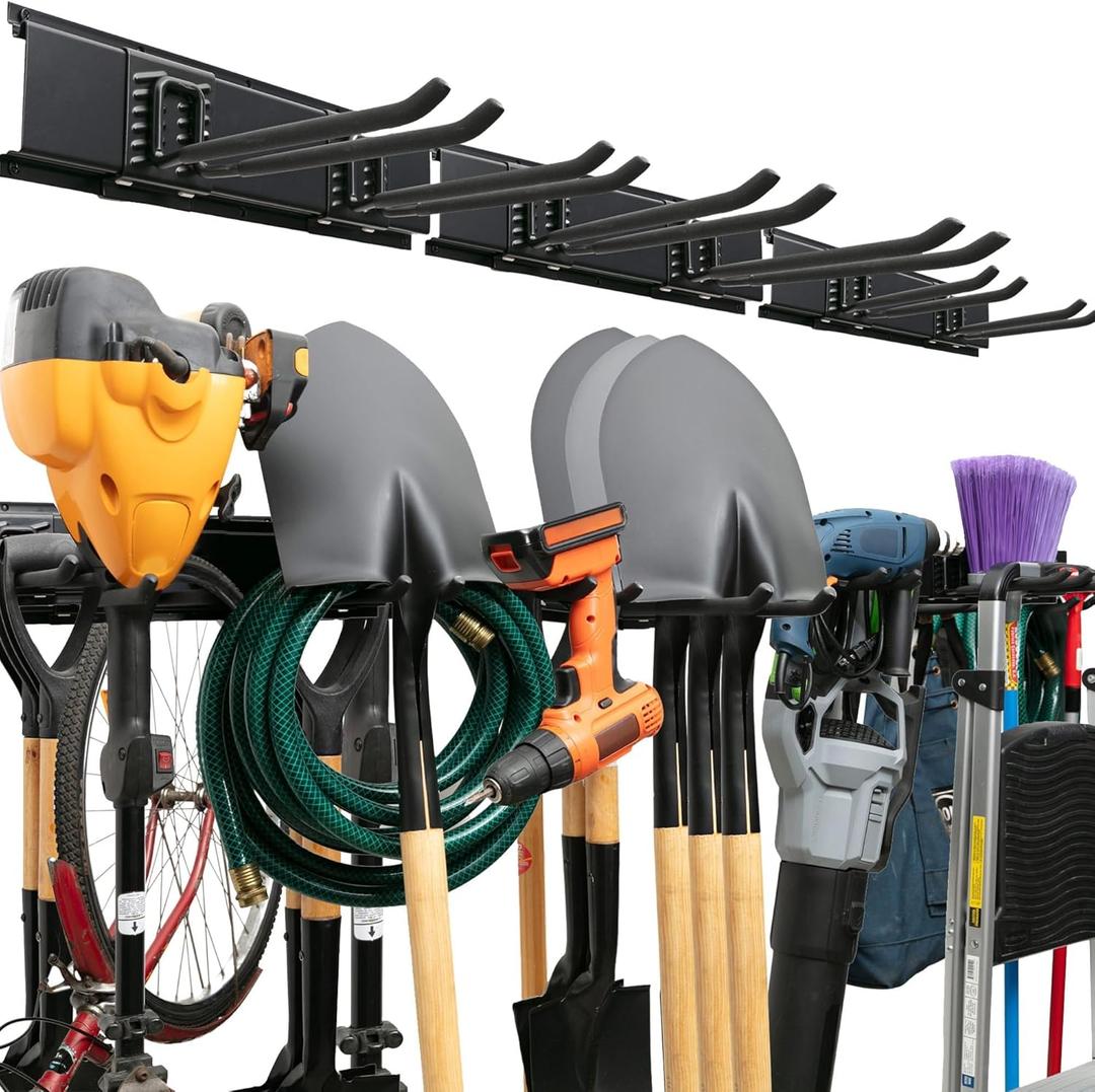 TIDYME Garage Tool Organizer Wall Mount - 48 inches - Sturdy Storage Rack with Adjustable Hooks, Anti-Rust - Easy Installation, 300lbs Capacity - Garden Tool Organizer (03 Racks & 06 Hooks) (Black)