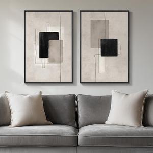 Framed Neutral Abstract Wall Art Set of 2, Black Beige Modern Canvas Prints Paintings Artwork for Walls, Minimalist Block Lines Pictures for Living Room, Dining Room, Bedroom Wall Decor 16x24 In, 16" W x 24" H x 2Pcs