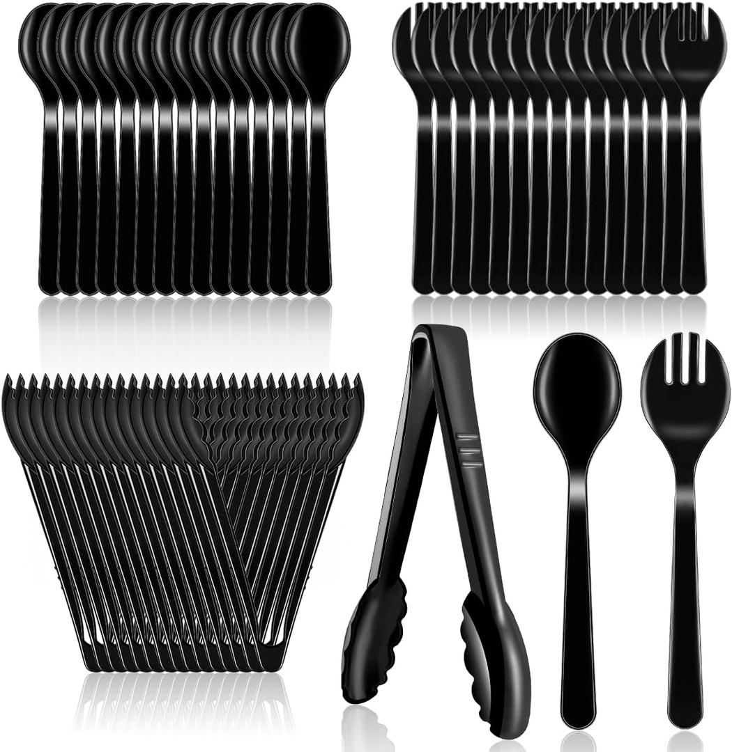 45Pcs Plastic Serving Utensils Set Black Disposable Serving Spoons Tongs Forks for Serving Food Heavy Duty Large Serving Utensils Supplies for Parties Buffet Restaurant Dinner