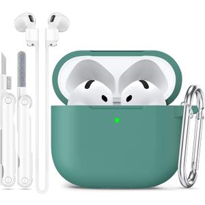 Compatible with AirPods 4 Case 2024 with Cleaner Kit,Silicone Protective Case for Apple AirPods 4th Generation with Anti-Lost Rope for Women Men,AirPod Case Accessories with Keychain,Pine Green