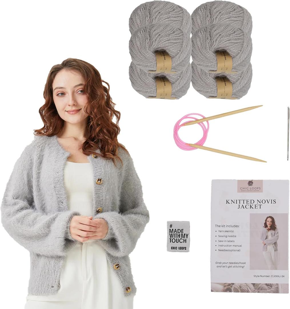 Chic Loops Knitting Kit for Beginners, Knitted Sweater Beginner Crochet Kit for Adults, Crochet Front Button Long Sleeve Cardigan Sweater for Womem with Instruction(Glacier Grey，MA)