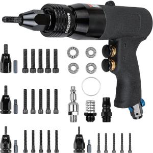 Clatoon Pneumatic Rivet Nut Gun with 10-24 & 1/4 & 5/16 & 3/8 Self-Locking Head, Adjustable Speed Air Rivet Gun, Air Rivet Nut Tool Kit with 4 Size Quick-Change, 6pcs Mandrels Included with Each Size