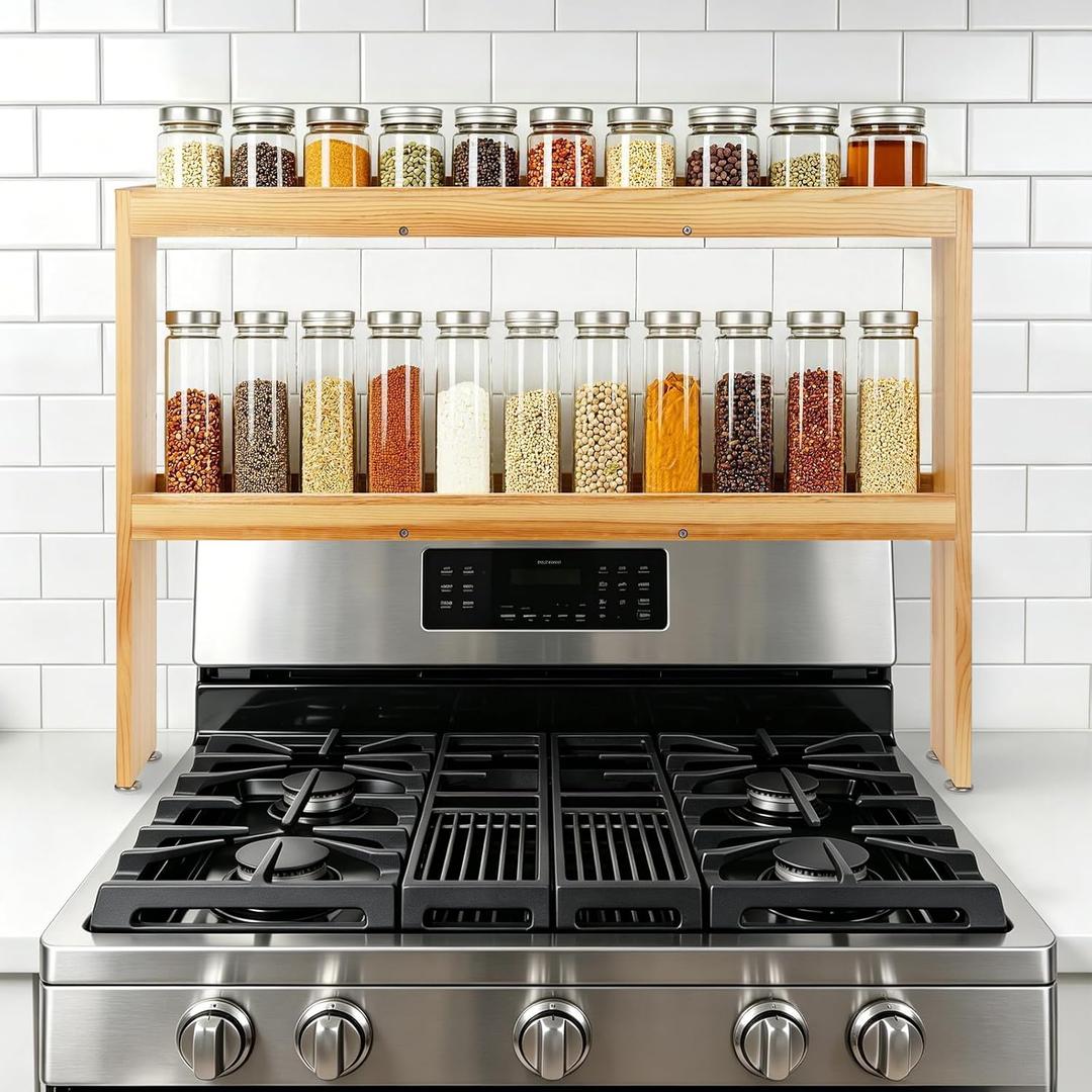 2 Tier Wood Over the Stove Spice Rack, 32.7" Wide Spice Rack Shelf for Stove Top, Kitchen Organizer Stove Spice Top Rack, 23.6" Height Extra Oven Back Sink Countertop, Easy to Assemble