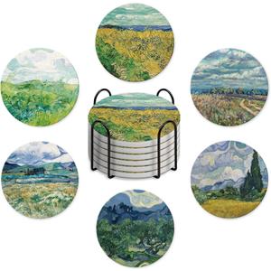 2 x Van Gogh Painting Style Coasters Set of 6 with Holder and Cork Base-4in Absorbent Ceramics Art Coaster for Tabletop Protection Drink Coasters-Coffee Table,Home Decor-Housewarming Gifts for New Home