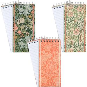 The Gifted Stationery 3 Pack Top Bound Spiral Notebooks, Hard Cover Skinny Notepads, William Morris Inspired (100 Sheets/200 Pages, 8.4x3.75)