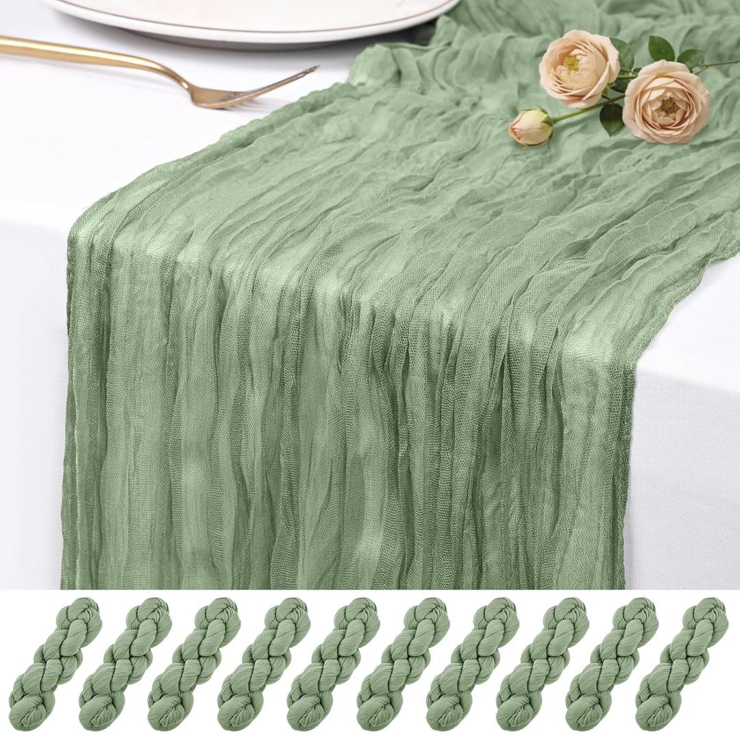 10 Pack Sage Green Cheesecloth Table Runner 17x108 Inch Semi Sheer Boho Rustic Gauze Cheese Cloth Table Runners for Wedding Party Birthday Baby Shower Home Dcor, 10pack-17108inch