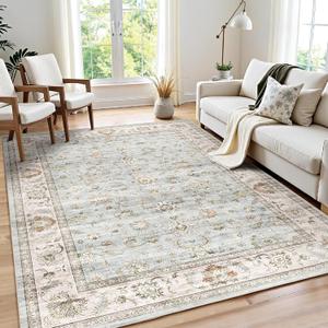 WITSHOCK 6'x8' Area Rugs for Living Room: Machine Washable Non Slip Vintage Carpet - Low Pile Lightweight Print Rug for Bedroom Dining Room - Stain Resistant for Household - Pet Owners (Light Blue)