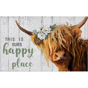 Rustic Highland Cow Western Door Mat, Highland Cow Bathroom Rug, This is Our Happy Place Front Door Mat Outdoor Indoor Entrance, Indoor Doormats for Entryway, 17x30 Inches