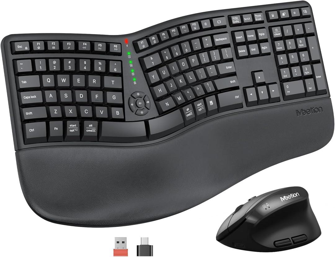 MEETION Ergonomic Keyboard and Mouse, Wireless Keyboard with Vertical Mouse, Split Curved Keyboard with Wrist Rest, Natural Typing USB Receiver Rechargeable Full Size, Windows/Mac/PC/Laptop, Large (Black)