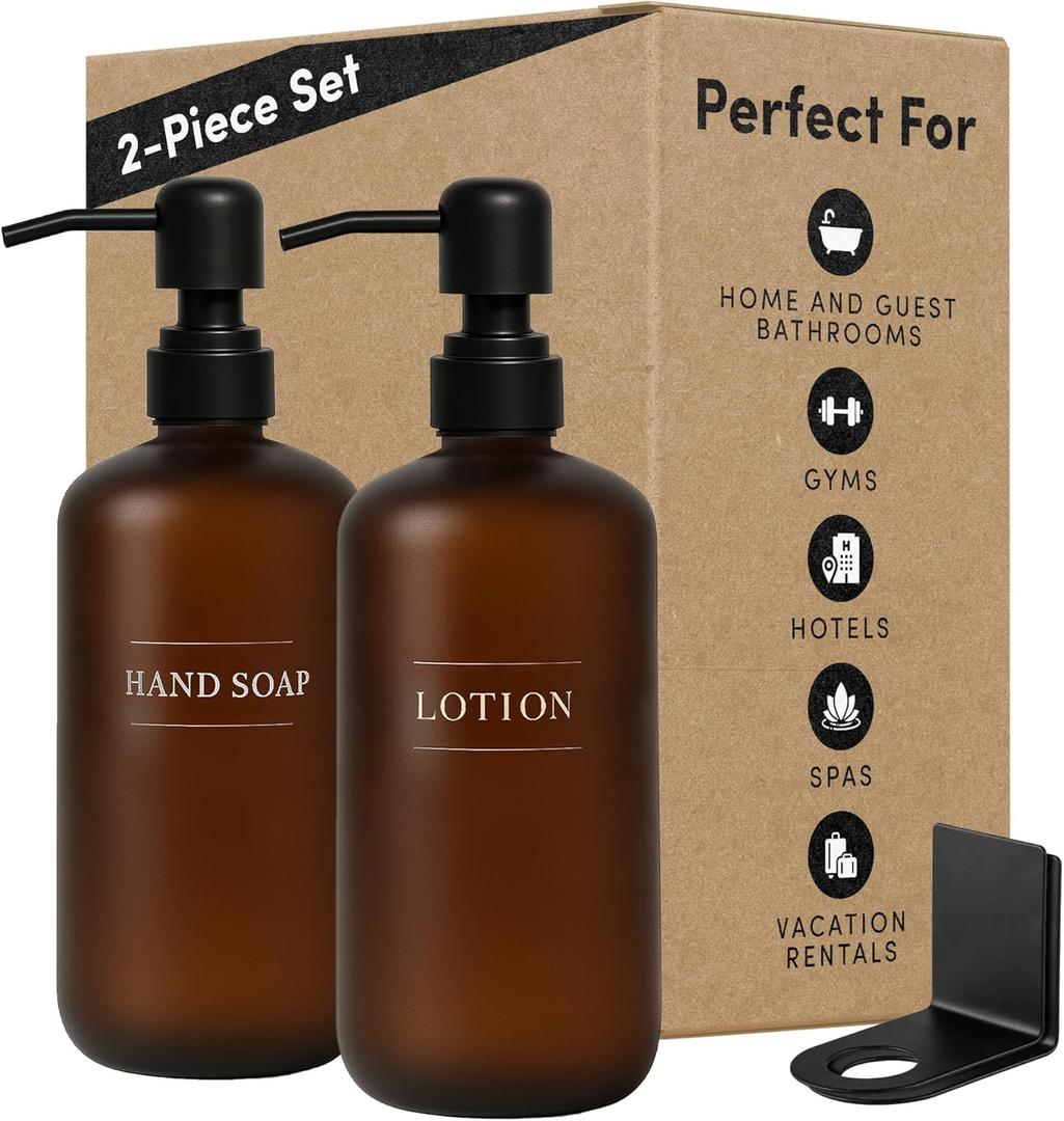 Amber Plastic Bottle | Refillable Wall Mount Liquid Soap Dispenser | 16 oz Hand Soap and Lotion for Every Bathroom | 2 Bottles