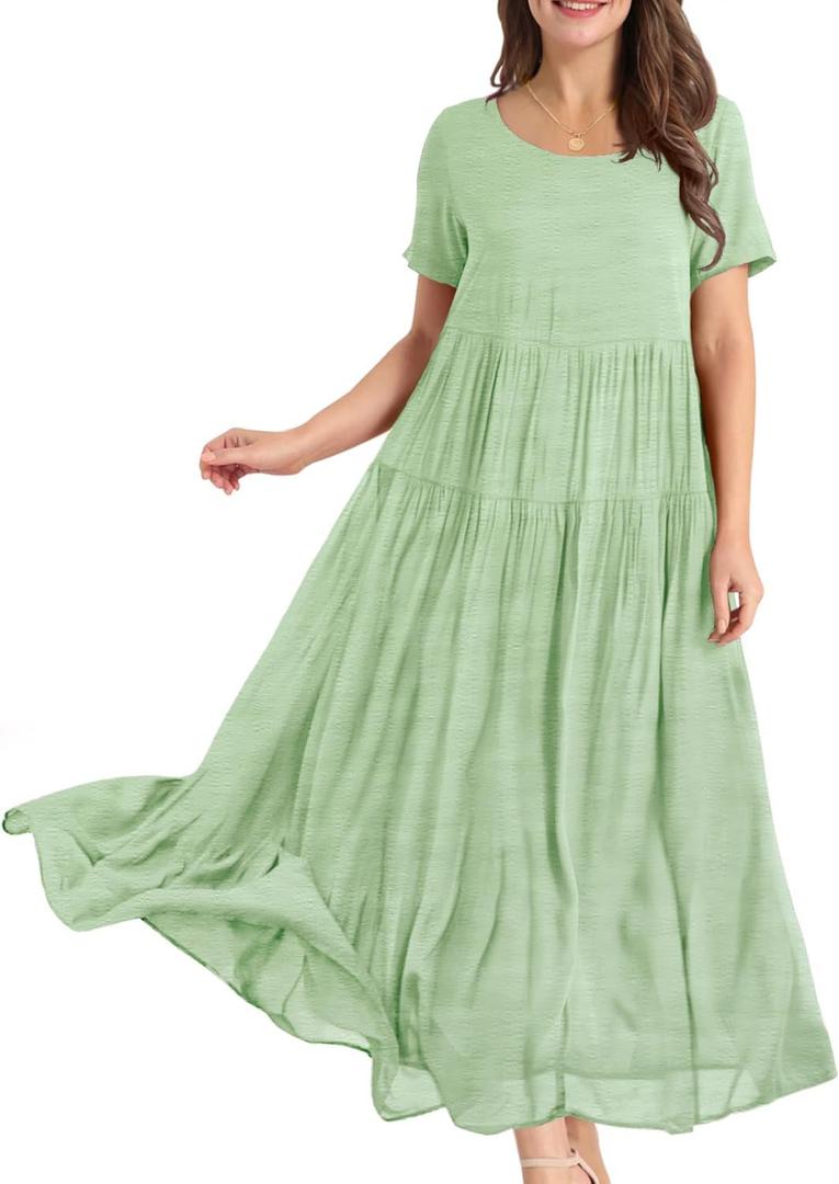 YESNO Women Casual Loose Bohemian Floral Dress with Pockets Short Sleeve Long Maxi Summer Beach Swing Dress (XL EJF Solid C Mint Green)