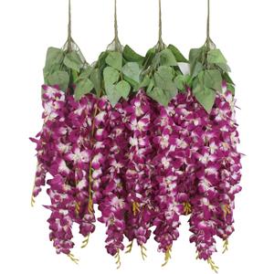Duovlo Silk Wisteria Flower Artificial 2.13 Feet Hanging Wisteria Vine Fake Flower Bush String Home Party Wedding Decoration,Pack of 4 (Dark Purple)