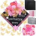 Pink Graduation Cap Decorations Kit DIY Grad Cap Topper with Artificial Flower 3D Butterfly Rhinestones Alphabet Letter Number Stickers for 2025 Graduation Party Decorations Supplies (Pink)