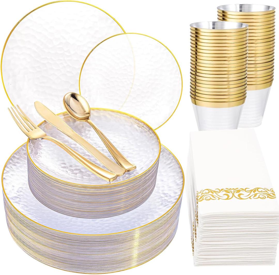 Rubtlamp 175 Pcs Plastic Dinnerware Set (25 Guests), Clear And Gold Plastic Plates, Hammered Party Plates Include Dinner Plates, Dessert Plates, Cups, Gold Cutlery Set And Napkins for Party