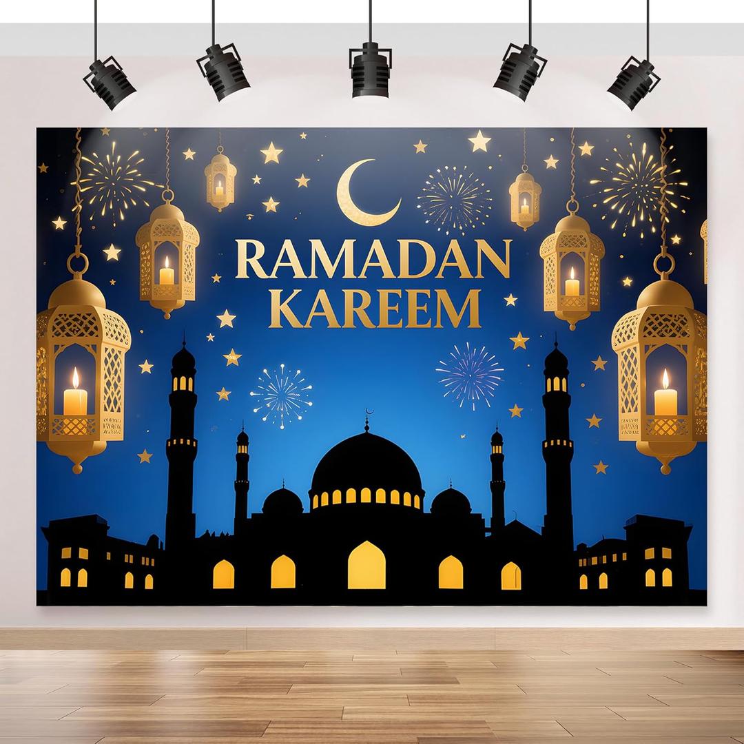 Ramadan Mubarak Backdrop 70.8x43.3 inch, for Muslim Ramadan Kareem Party Decorations, Eid Mubarak Sign Photo Booth for Home Muslim Eid Al Fitr Party (Black and Blue)