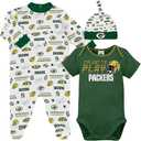 Gerber NFL Green Bay Packers 3 Pack Bodysuit Sleep n Play Footie Cap Registry Gift Set, blue/ white Green Bay Packers, 0-3M