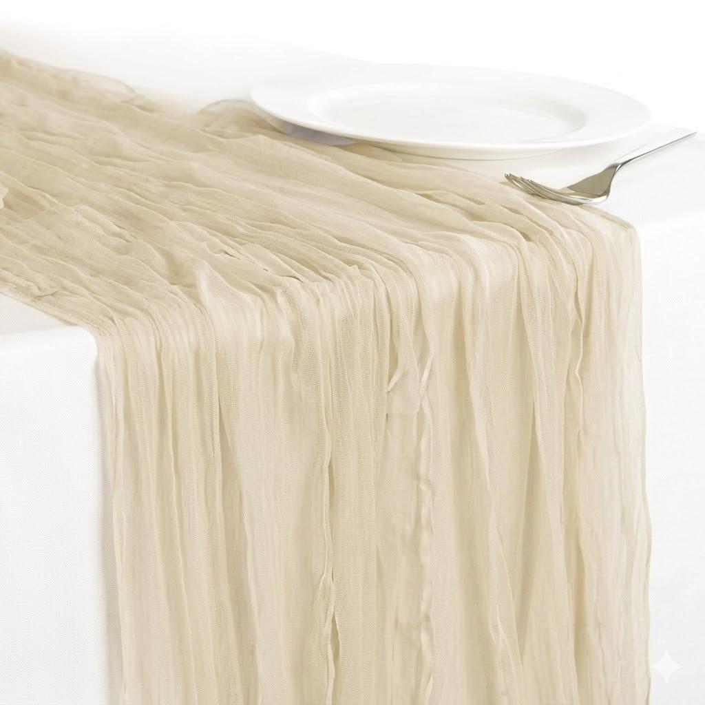 YAYOYA Beige Cheesecloth Table Runner 120 Inch, Summer Boho Gauze 10 FT, Rustic Cheese Cloth Table Runner for Wedding, Baby Bridal Shower, Party, Farmhouse Centerpiece Home Decorations