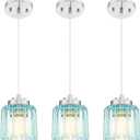 Emliviar 3 Pack Island Hanging Lights, Brushed Nickel Finish Indoor Pendant Lights with Blue Fluted Ripple Glass, HE293MIL-3PK BN