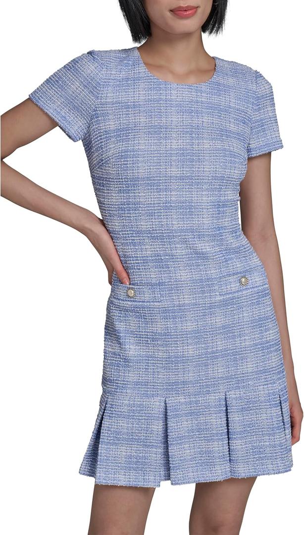 Karl Lagerfeld Women's Tweed Short Sleeve Round Neck Shift Mini Dress 12