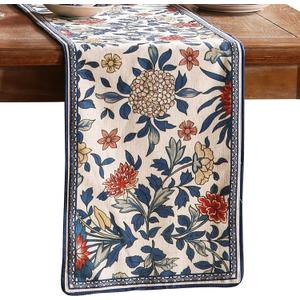 patdrea Designer Blue Cottage Rustic Floral Patterned Linen Table Runner 87 Inch Long,Wrinkle Resistant Table Mat,Decoration for Kitchen Dining and Coffee Tables Banquet Christmas , 12"x87"