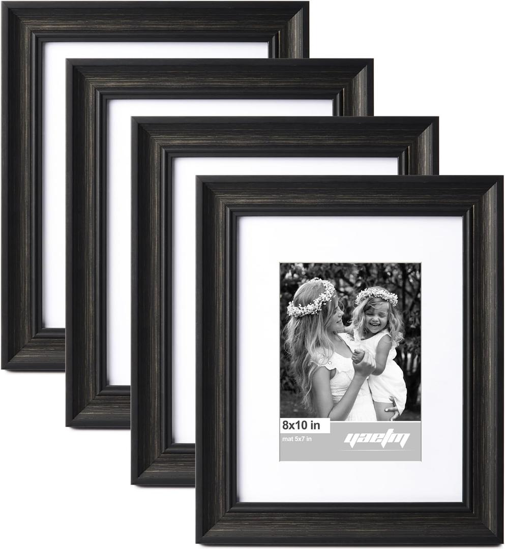 Yaetm Black 8x10 Picture Frame Matted to 5x7 Set of 4, 1.4 Wide Molding & Distressed Black Photo Frames 8 x 10 with HD Tempered Glass, Display on Tabletop & Wall Mounting, 4 Pack