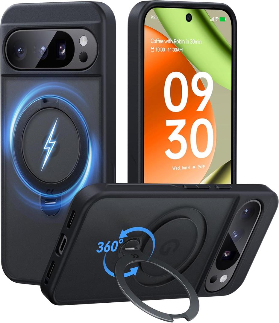 CASEKOO Patented 360 Spin Magnetic Ring Stand for Google Pixel 10 Pro XL Case [Fit for Pixelsnap & MagSafe] [16FT Military-Grade Protection] Rugged Matte Slim Shockproof 6.8'', Black