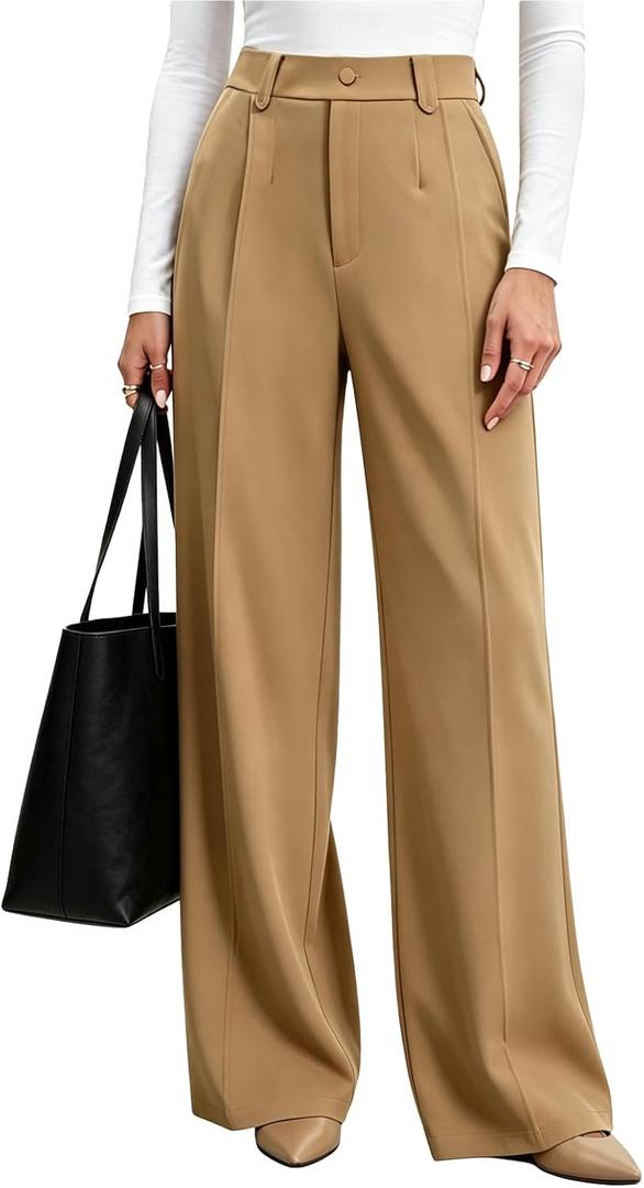 Agenlulu Women's Wide Leg Dress Pants High Waisted Strechy Straight Leg Pants Business Casual Pull On Office Work Slacks (Beige, XL)