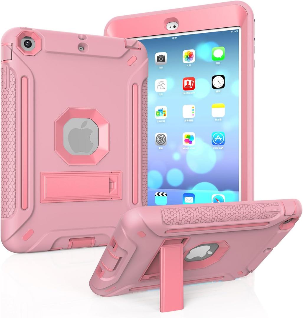 MAKEIT CASE iPad Mini Case, iPad Mini 3 Case Heavy Duty Hybrid Shockproof Protective Silicone and PC Hard Case Full-Body Rugged Protective Case with Kickstand for iPad Mini 1/2/3 (Rose Gold)