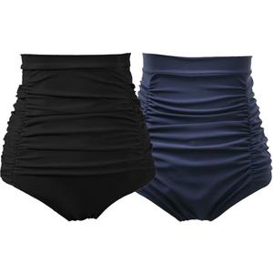 COCOPEAR Women's Ruched High Waisted Bikini Bottom Retro Vintage Swim Short Tankinis (X-Large, Black+navy) 2 Pack