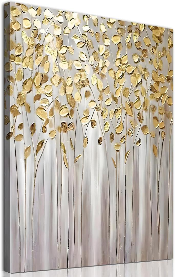 Gold Leaf Picture Abstract Golden Painting Grey Gold and White Artwork Modern Textured Wall Art Golden Tree Artwork Minimalist Botanical Prints Abstract Leaves Canvas Wall Art 16x24inch Framed