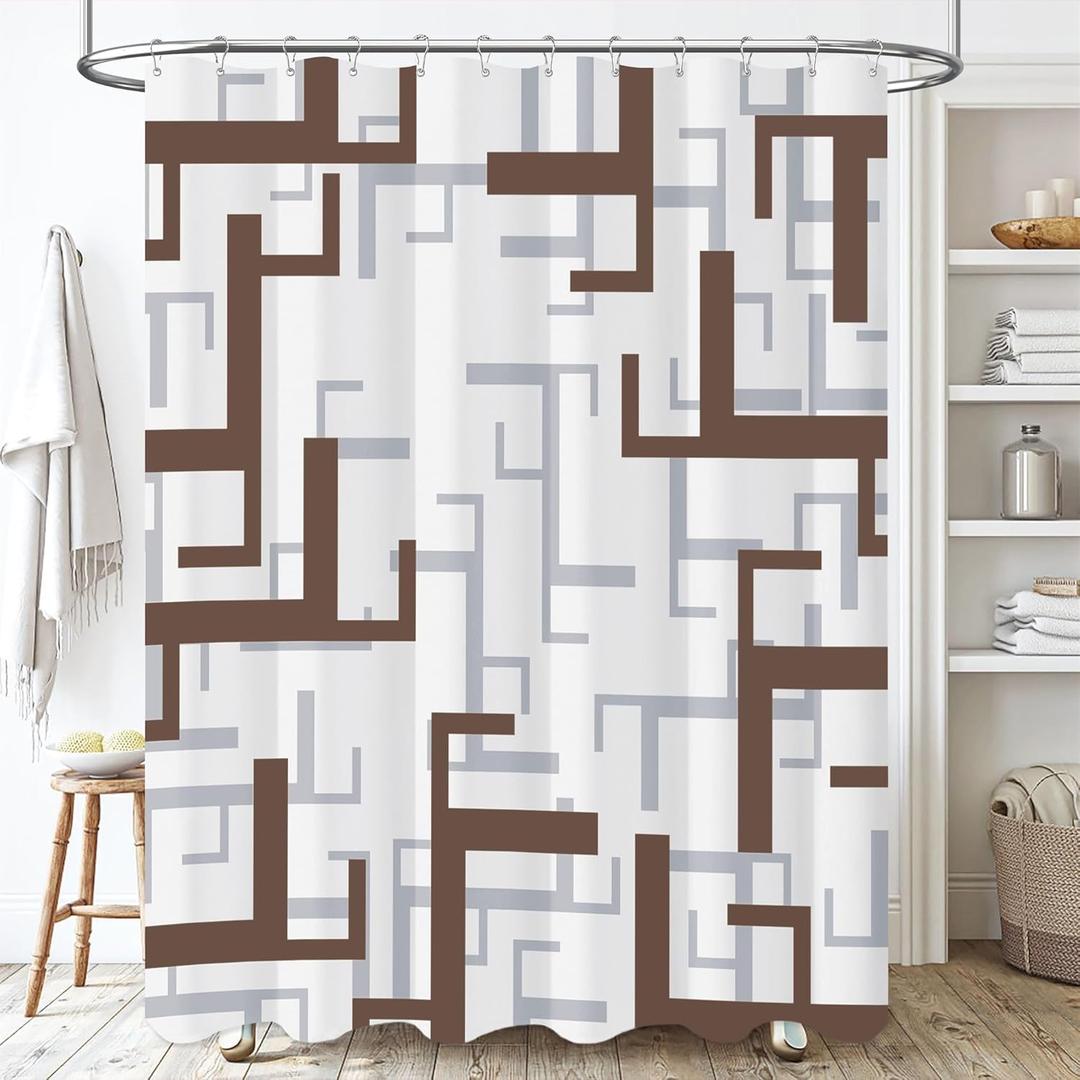 BTTN Stall Fabric Shower Curtain, 36x72 Inches Small Geometric Cloth Shower Curtain Set with 6 Plastic Hooks, Narrow Hotel Spa Half Neutral Modern Simple Polyester Shower Curtains for Bathroom, Brown