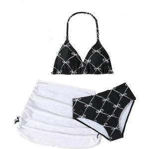 Verdusa Girl's 3 Piece Cute Bow Bikini Set Halter Triangle High Waisted Bathing Suit with Cover Up (Black, 11 Years)