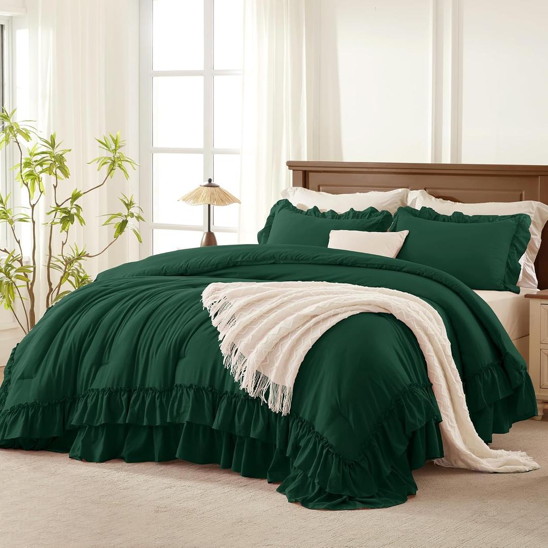 Andency Dark Green Ruffle Comforter Set King, Shabby Chic Farmhouse Bedding Comforter, Soft Lightweight Fluffy Microfiber Bet Set All Season 3 Pieces Solid Comforter Set (King(104"x90"))