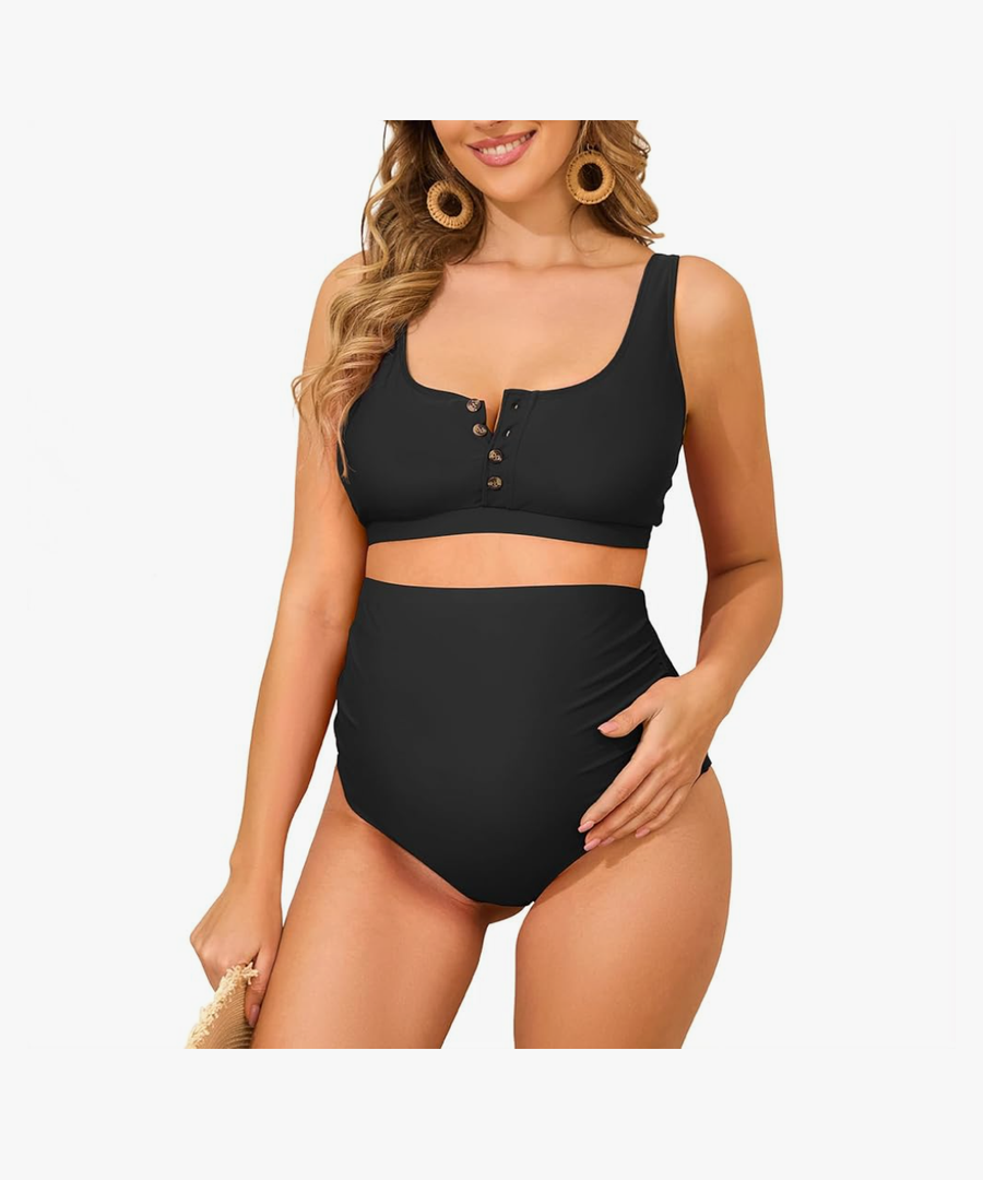 Zando Maternity Swimsuit High Waisted Bikini Set Button Down Maternity Bathing Suit 2 Piece Swimsuit for Women Large