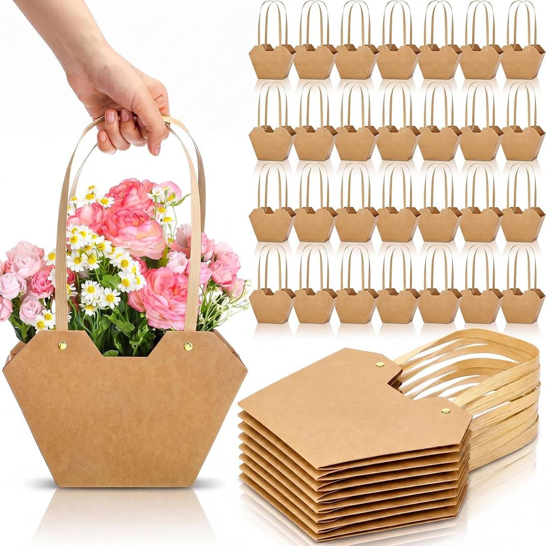 Kolldenn 30 Pcs Flower Bouquet Gift Bags, Flower Wrapping Paper Bag with Handle, Waterproof Floral Packaging Box for Arrangement, Mother's Day, Wedding, Valentine's Day(Natural Kraft)