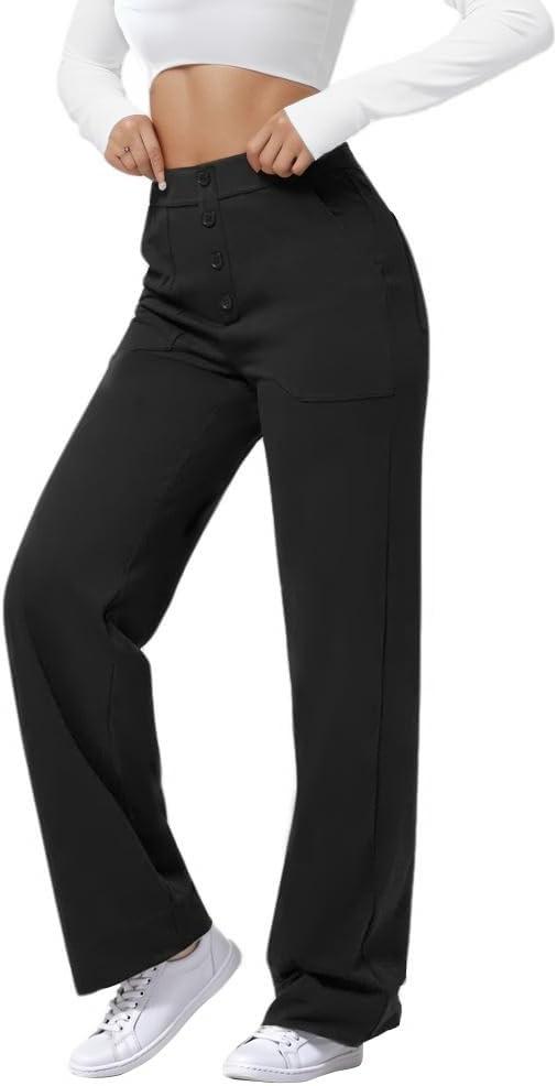 SEMARO High Waisted Casual Pants for Women Business Dress Work Office Stretchy Pants with Pockets (Medium, Black)