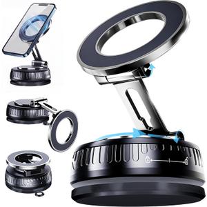 2026 Upgraded Magnetic Car Phone Mount for MagSafe: 360 Rotatable Adjustable Holder with 180+LBS Strong Suction Cup & 4200gf Magnet, Compatible with iPhone Series & Android Devices, Black