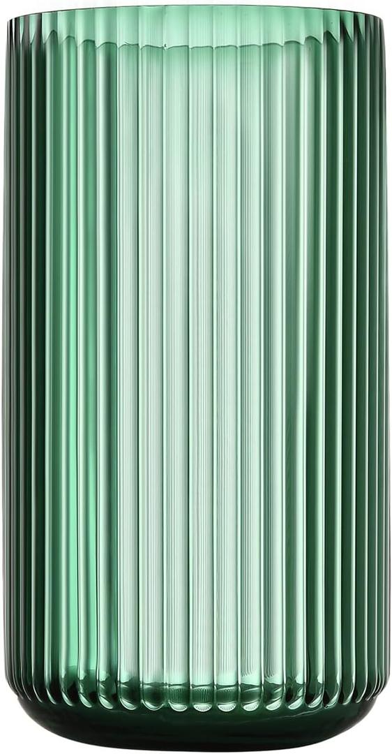 Large Cylinder Ribbed Green Glass Flower Vase for Farmhouse Dining Table Centerpieces Decor (11")