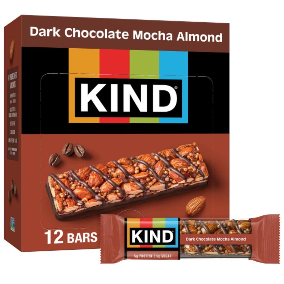 KIND Healthy Snacks Bars, Dark Chocolate Mocha Almond, Gluten Free, Low Sugar, High Fiber Snacks, 5g Protein, 12 Count (EXP 06/24/26)