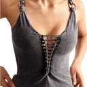 SHENHE Women's Lace Up Spaghetti Strap Tank Top Deep V Distressed Y2k Vintage Crop Top Cami (Black, XL)