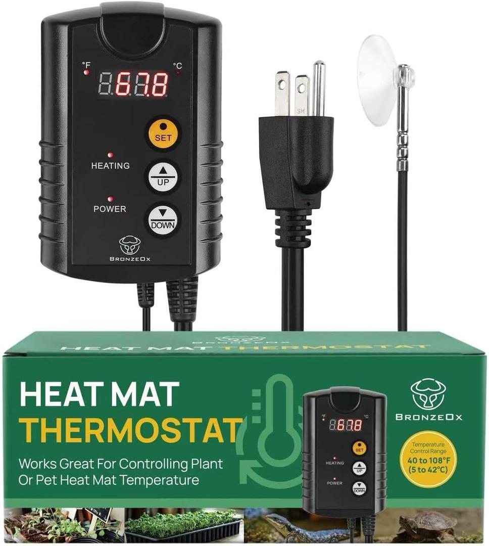 Digital Thermostat Temperature Controller for Heat Mats, 1000W ETL Listed  Precise Temperature Control for Seed Germination, Reptiles & Brewing (Heat Mat Not Included)