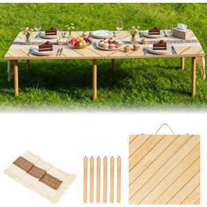 60" x 30" Folding Picnic Table with Boho Table Runner Wooden Low Table Portable for Indoor Outdoor Use Ideal for Camping Beach Weddings Garden Parties (Herringbone), 60" x 30" x 16.9"