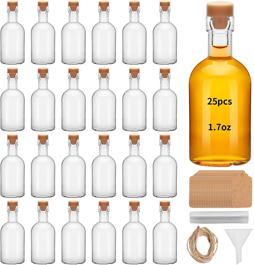 25 Pcs 1.7OZ Mini Glass Liquor with Lids Small Glass Wine Bottles Reusable Empty Alcohol Bottles for Christmas Birthday Weddings Party Favors (50ML25PC)