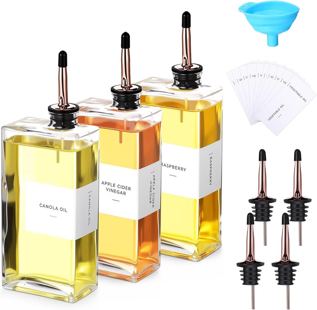 3 Sets Olive Oil Dispenser Bottles for Kitchen with Nozzles Funnel Labels Cooking Oil Dispenser 500ml Set for Kitchen Vinegar Coffee Syrup (Rose Gold)
