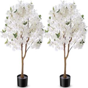 Giegxin 2 Pcs Artificial Cherry Blossom Tree 3.9 FT Fake Faux Sakura Flowers Potted Plant Indoor with Plastic Nursery Pot for Home Porch Bedroom House Entryway Office Outdoor (White)