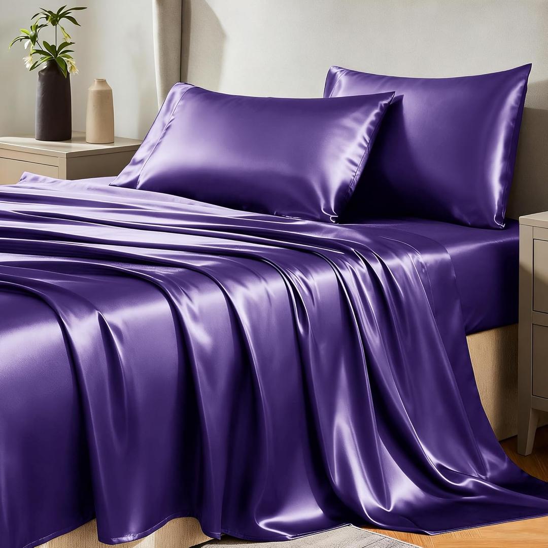 CozyLux Satin Sheets King Size Sheet Set - 4 Piece Silky King Sheets, Luxury Purple King Bed Set with Smooth and Soft Microfiber, Includes 1 Fitted Sheet, 1 Flat Sheet and 2 Pillowcases