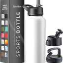 FineDine Triple Walled, Insulated Water Bottles with Straw - 32 Oz Stainless Steel Metal Bottle W/ 3 Leak Proof Lids - For Travel, School, Sports, Gym/Men, Women & Kids - Pure Pearly White